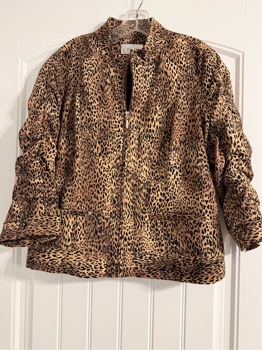 Erin London Women's Leopard Print Jacket - Brown/Black Ruched Sleeves